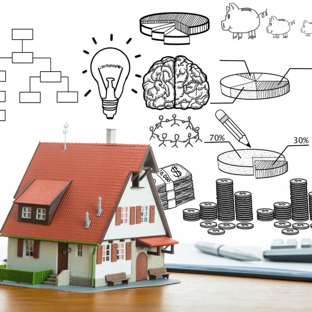 Toy house surrounded by black and white finance drawings