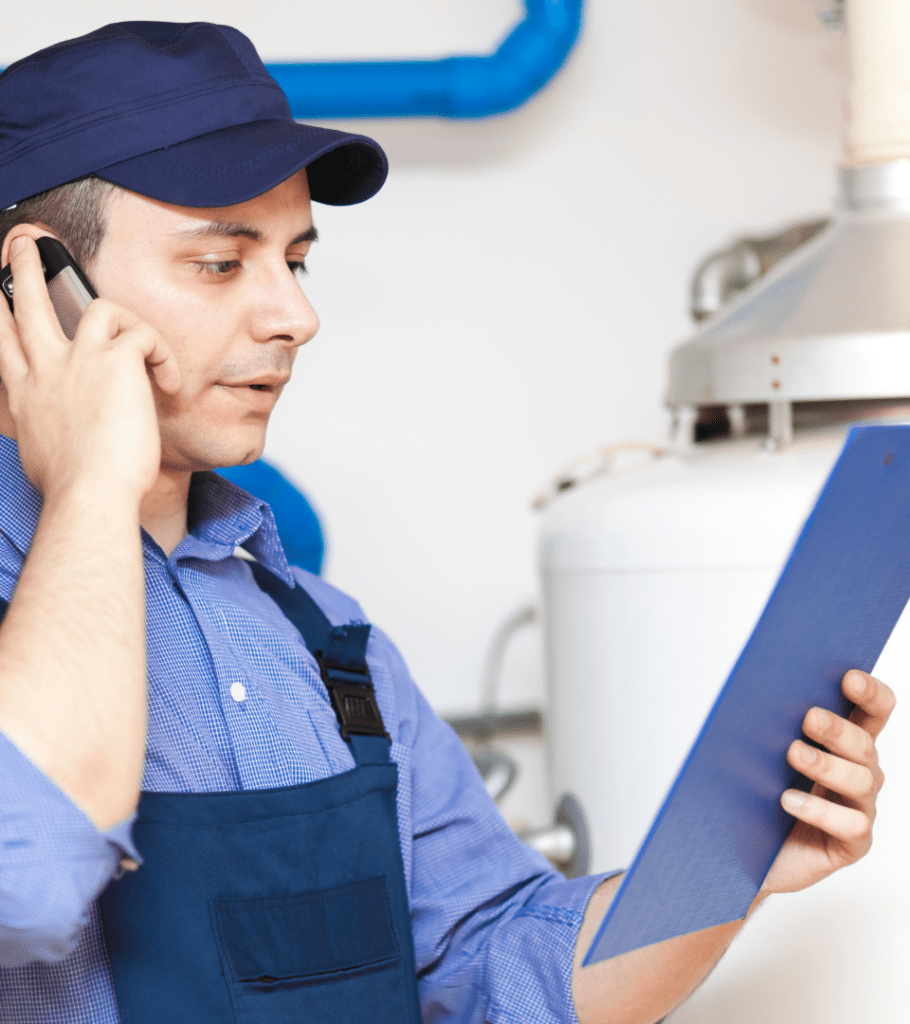 Maintenance technician in blue uniform holding clipboard - Depicts professional property maintenance services and repairs from uniformed staff.